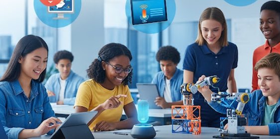 Students working with AI tools in a classroom